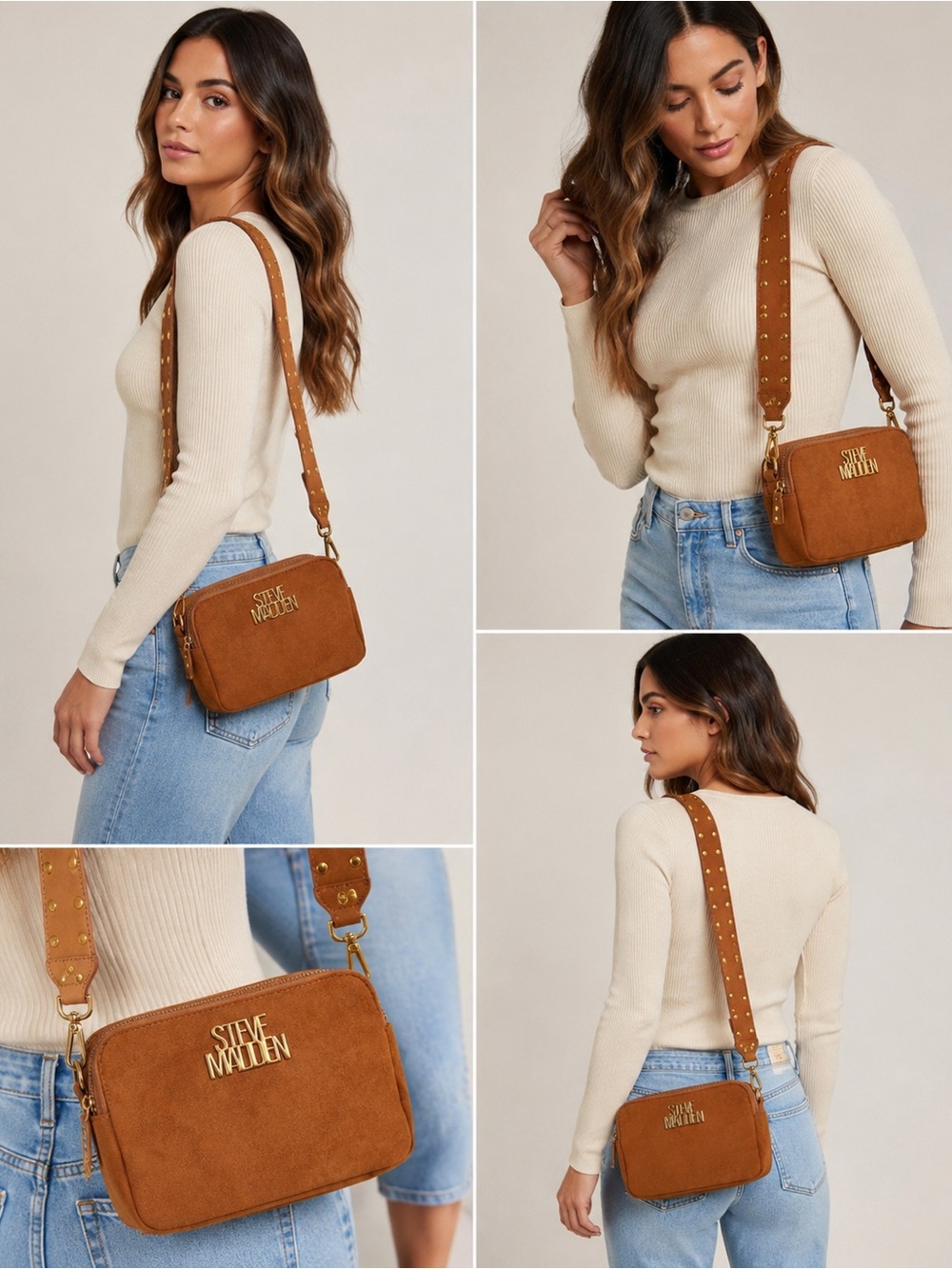 Steve Madden Cognac Suede Crossbody Camera Bag with Studded Strap